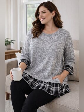 S/S Plus size Gray Knit Top Plaid Ruffle Hem 2X Cozy Chic Layered Look